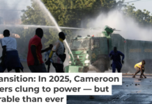 Protesters run as Cameroonian security forces use water cannons to disperse them during the country’s latest election, whose integrity was widely challenged. AP Photo/Welba Yamo Pascal